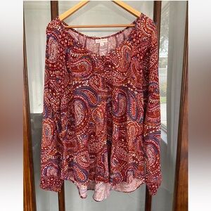 Knox Rose Red Paisley Tunic Top Size XL Long Sleeve Smocked Boho Peasant Prairie